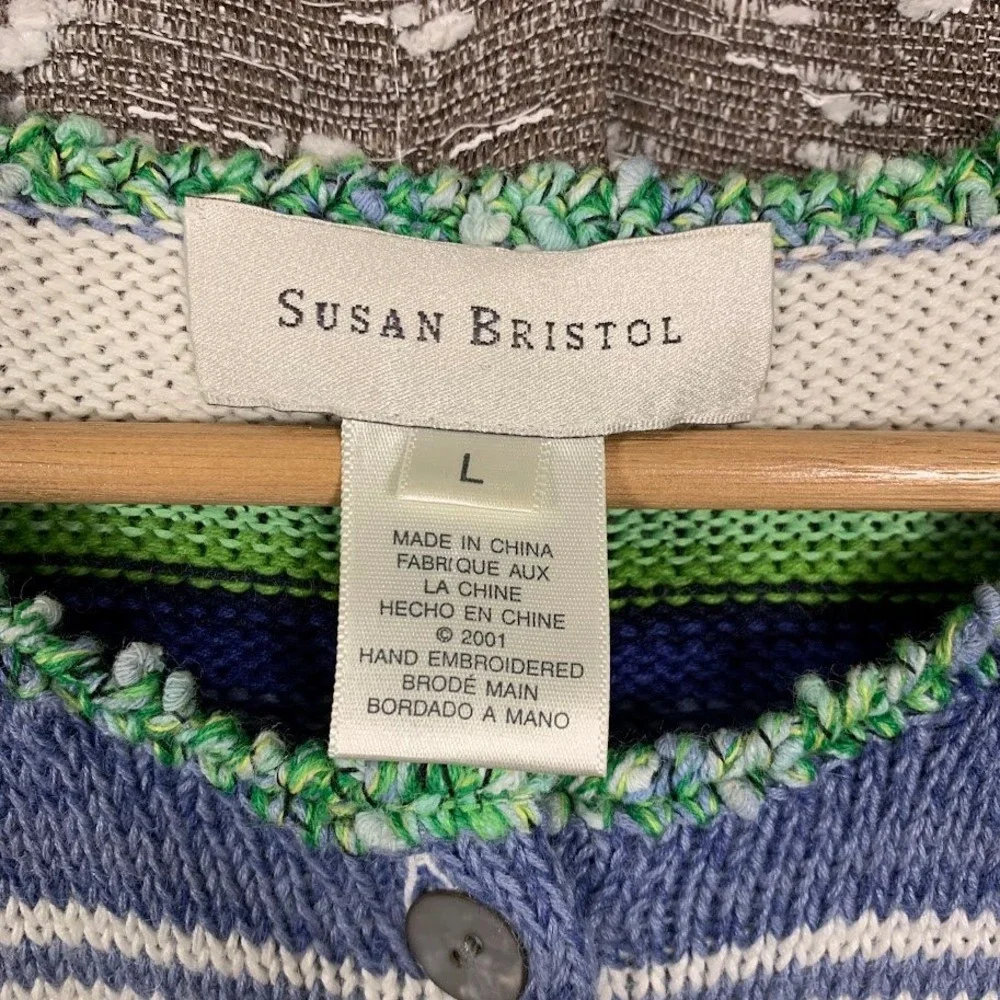 Susan Bristol Womens Short Sleeve Garden Embroidered Cardigan Blue Size M